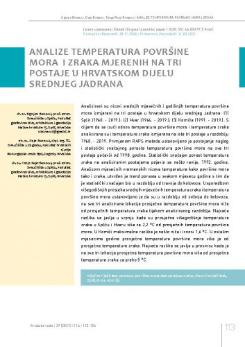 Analize temperatura površine mora  i zraka mjerenih na tri postaje u hrvatskom dijelu srednjeg Jadrana / Ognjen Bonacci, Duje Bonacci, Tanja Roje-Bonacci.