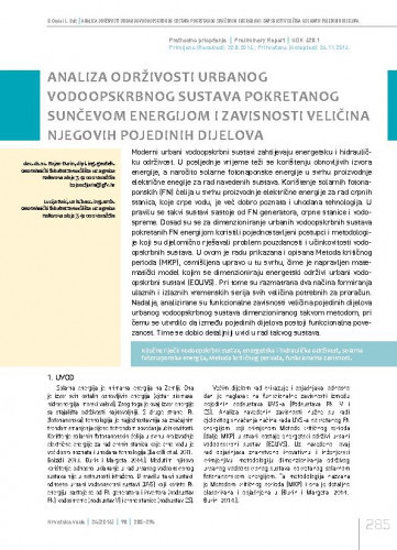 Analiza održivosti urbanog vodoopskrbnog sustava pokretanog sunčevom energijom i zavisnosti veličina njegovih pojedinih dijelova / Bojan Đurin1, Lucija Baić1.